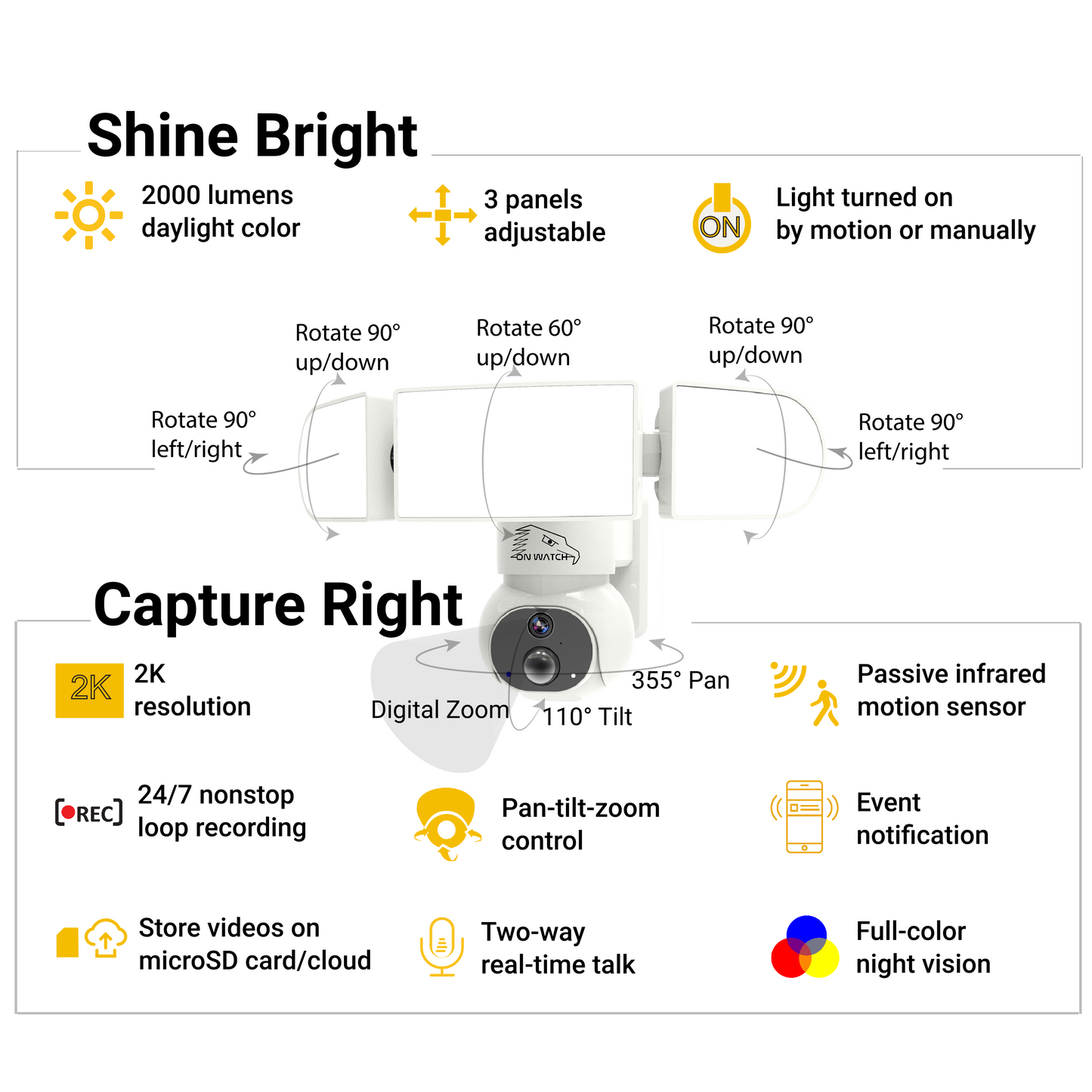 ON WATCH WiFi Solar Floodlight Camera, Nonstop Recording, Motion-Activated/Notification/Floodlight/Siren, Pan/Tilt, 2K, Two-Way Talk, 128 GB Storage
