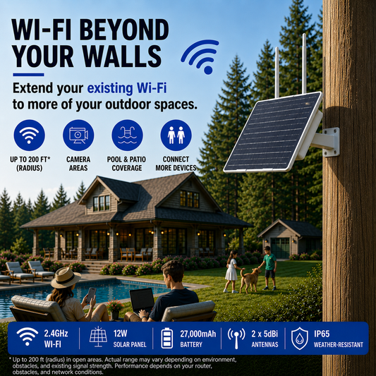 ON WATCH Solfie Solar Wi-Fi Extender Outdoor, Battery & Solar Powered, Wireless Signal Repeater, 2.4 GHz WiFi, 300 Mb/sec, 200' Range, No Wires, Easy Setup WiFi Extender for Yard/Farm/RV Park