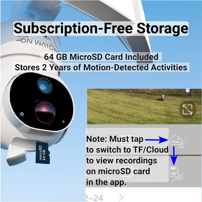 ON WATCH 4G LTE No WiFi Solar Floodlight Camera, Motion-Activated Recording/Notification/Floodlight/Siren, Pan/Tilt, 2K, Two-Way Talk, 64 GB Storage