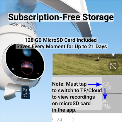 ON WATCH WiFi Solar Floodlight Camera, Nonstop Recording, Motion-Activated/Notification/Floodlight/Siren, Pan/Tilt, 2K, Two-Way Talk, 128 GB Storage