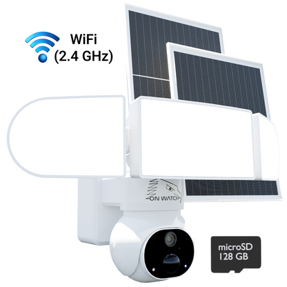 ON WATCH WiFi Solar Floodlight Camera, Nonstop Recording, Motion-Activated/Notification/Floodlight/Siren, Pan/Tilt, 2K, Two-Way Talk, 128 GB Storage