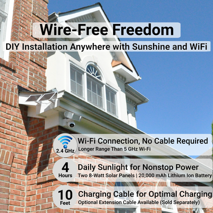 ON WATCH WiFi Solar Floodlight Camera, Nonstop Recording, Motion-Activated/Notification/Floodlight/Siren, Pan/Tilt, 2K, Two-Way Talk, 128 GB Storage