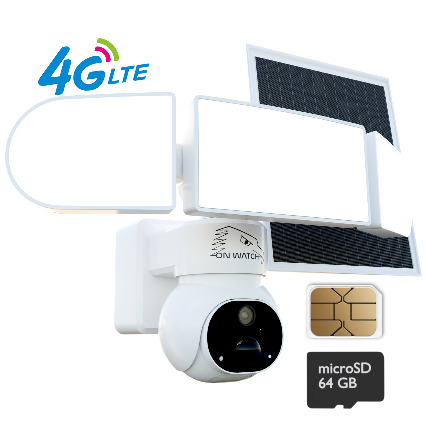 ON WATCH 4G LTE No WiFi Solar Floodlight Camera, Motion-Activated Recording/Notification/Floodlight/Siren, Pan/Tilt, 2K, Two-Way Talk, 64 GB Storage