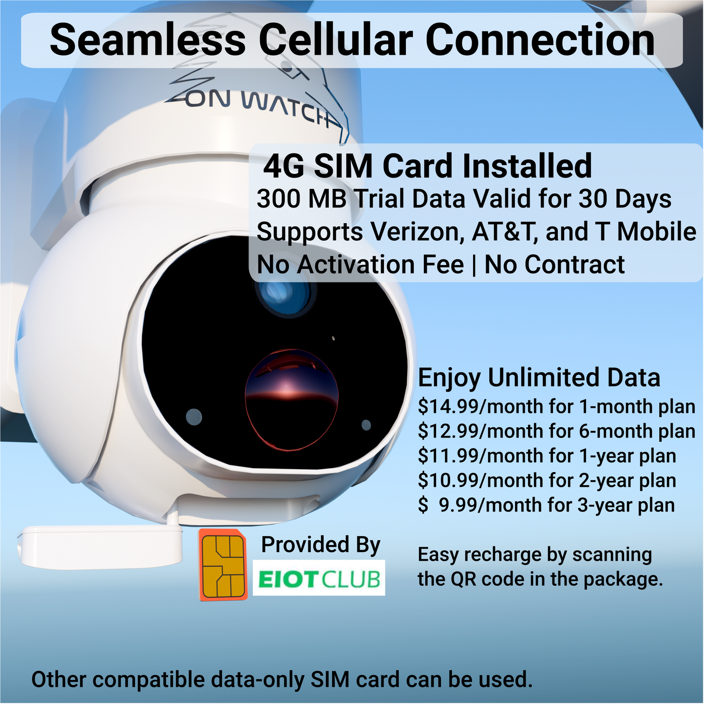 ON WATCH 4G LTE Solar Floodlight Camera, Nonstop Recording, Motion-Activated/Notification/Floodlight/Siren, Pan/Tilt, 2K, Two-Way Talk, 128 GB Storage