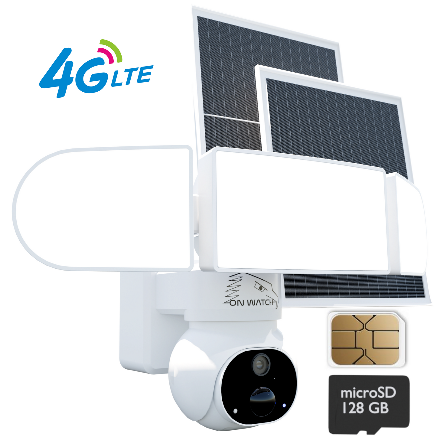 ON WATCH 4G LTE Solar Floodlight Camera, Nonstop Recording, Motion-Activated/Notification/Floodlight/Siren, Pan/Tilt, 2K, Two-Way Talk, 128 GB Storage