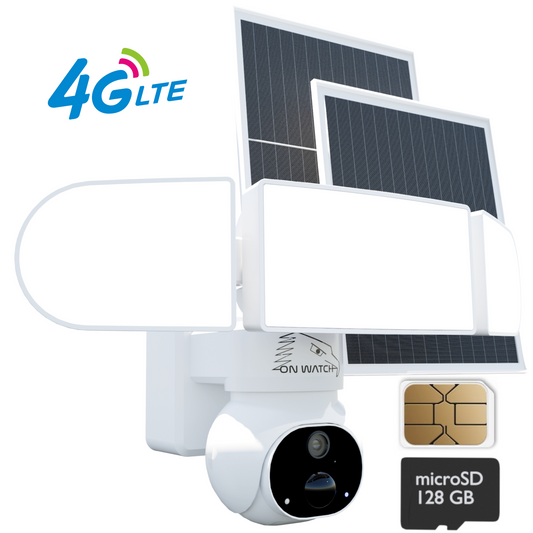 ON WATCH 4G LTE Solar Floodlight Camera, Nonstop Recording, Motion-Activated/Notification/Floodlight/Siren, Pan/Tilt, 2K, Two-Way Talk, 128 GB Storage