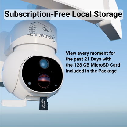 ON WATCH 4G LTE Solar Floodlight Camera, Nonstop Recording, Motion-Activated/Notification/Floodlight/Siren, Pan/Tilt, 2K, Two-Way Talk, 128 GB Storage